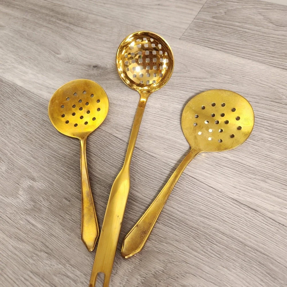 Never Used.  Brass Gold Tone Metal Slotted Spoons Skimmers Ladle Kitchen Gadgets